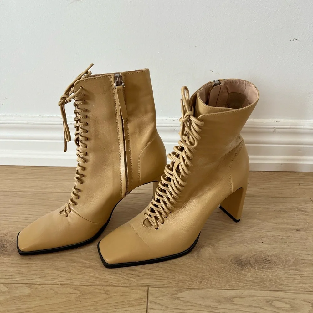 Tan Lace-Up Ankle Boots - Picture 2 of 2